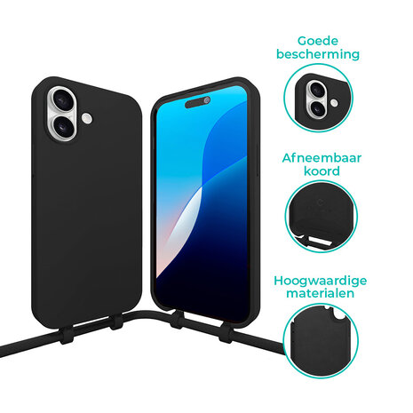 Coverzs Coverzs iPhone 16 Plus siliconen hoesje met koord (zwart)