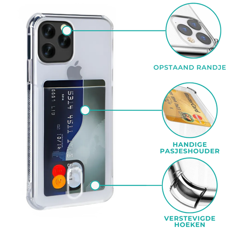 ShieldCase® ShieldCase Shock case met pashouder iPhone 12 Mini - 5.4 inch (transparant) + glazen Screen Protector