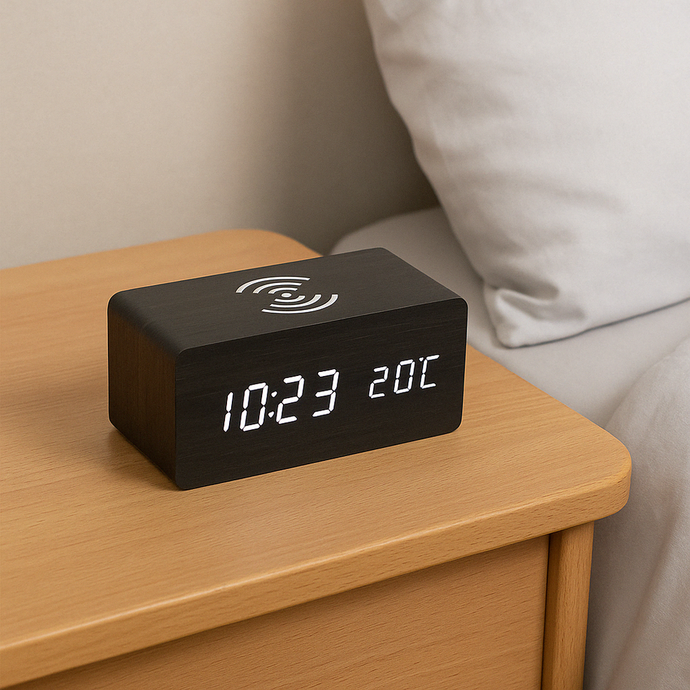 Digitale wekker van hout met draadloze oplader Digitale wekker van hout met draadloze oplader