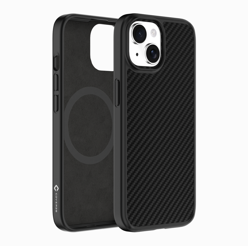 Coverzs Coverzs iPhone 15 Plus kevlar MagSafe siliconen hoesje (zwart)