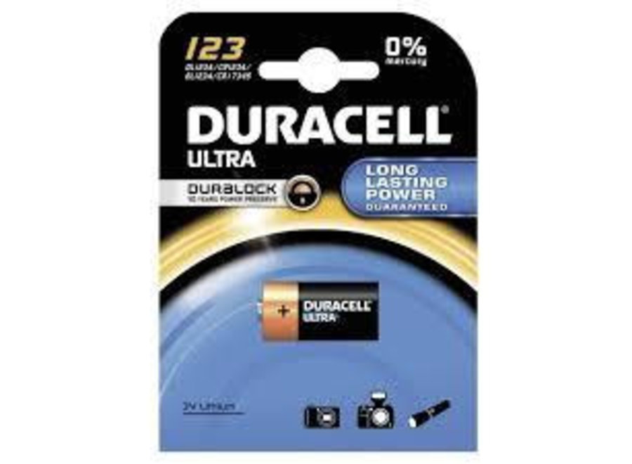 Duracell ultra power CR123A 3V lithium foto batterij.