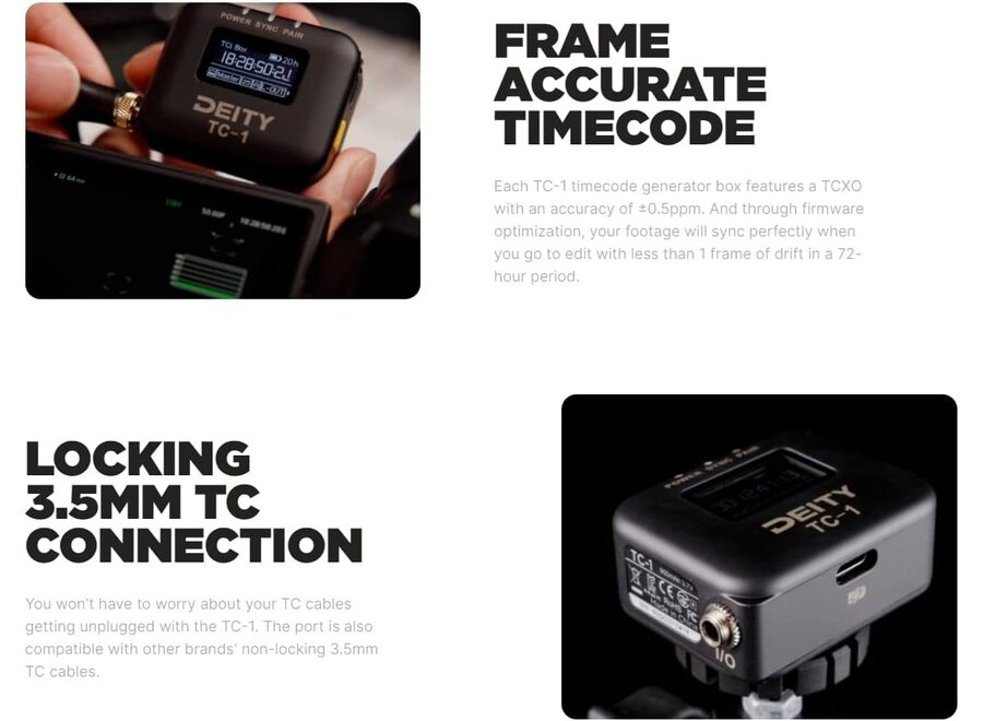 Deity TC-1 Timecode Device 3-Kit inclusief kabels – Draadloze, nauwkeurige tijdcode-oplossing voor film en video