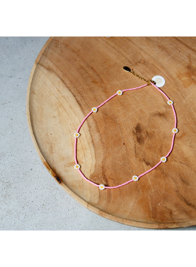 Ketting - Roze kralen met witte bloemetjes