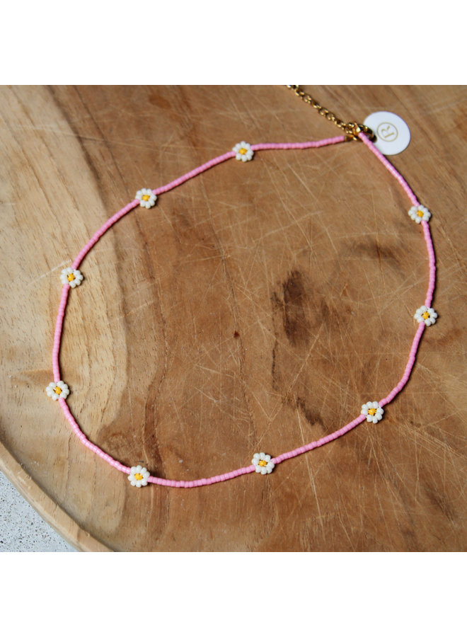 Ketting - Roze kralen met witte bloemetjes