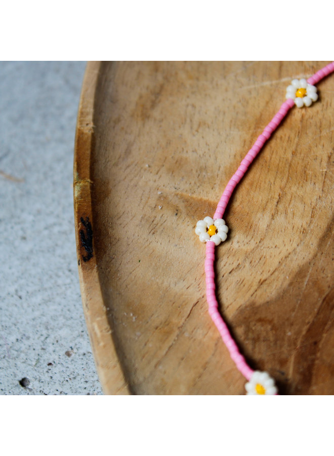 Ketting - Roze kralen met witte bloemetjes