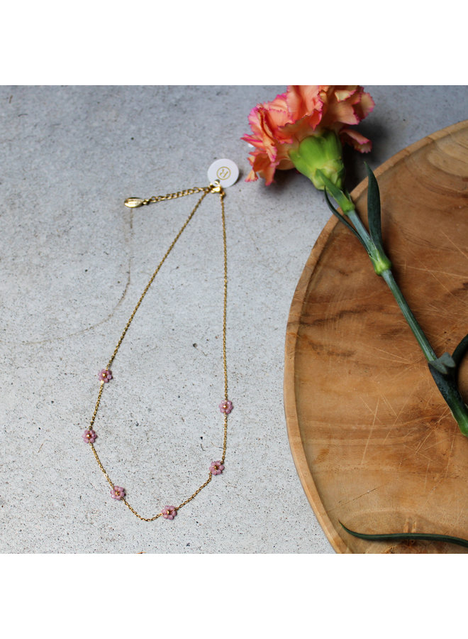 Ketting - rozenkwarts  bloemetjes - zacht rose