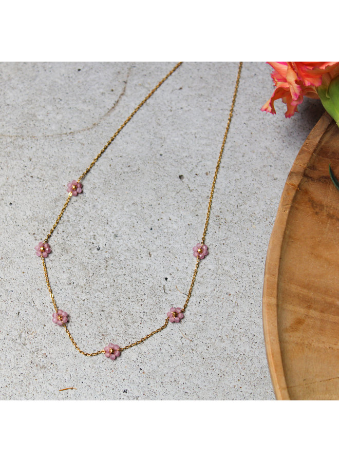 Ketting - rozenkwarts  bloemetjes - zacht rose