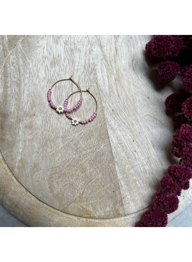 Oorbellen - Ringen roze kraaltjes en bloem