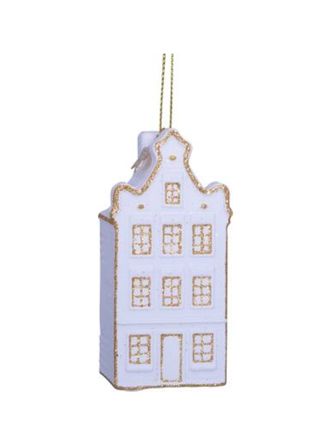 Kersthanger - glass white/gold canal house neck gable H8.5cm