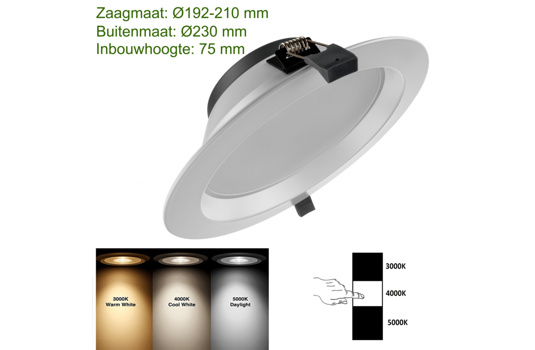 LED Downlight - Tri Color - 20 Watt - Zaagmaat Ø195-210MM