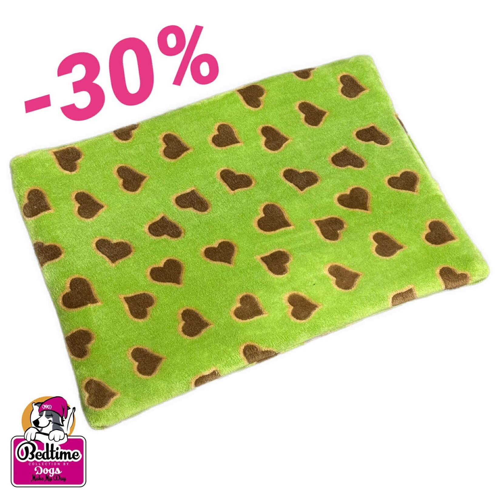 Dogs Make My Day hondenkussen groen met bruine harten