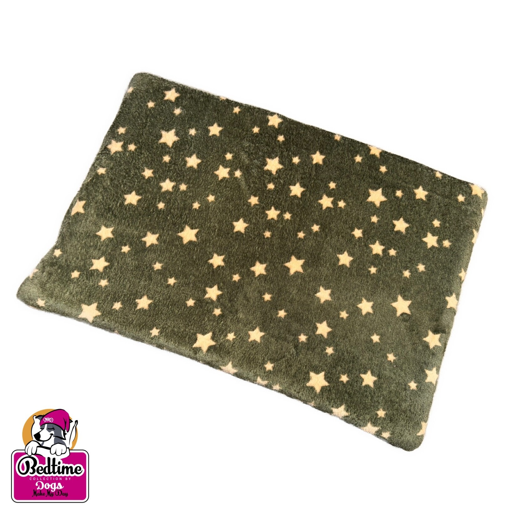 Dogs Make My Day hondenkussen legergroen met beige sterretjes