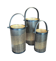 Set 3 stuks lanterns leather handle black/gold perforate