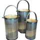 Set 3 stuks lanterns leather handle black/gold perforate