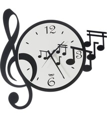 Wandklok versierd met een sleutel en vijf muzieknoten. Dynamisch en vrolijk design. Verkrijgbaar in twee kleurencombinaties.  Afmeting: 50 × 47  Materiaal: Metaal