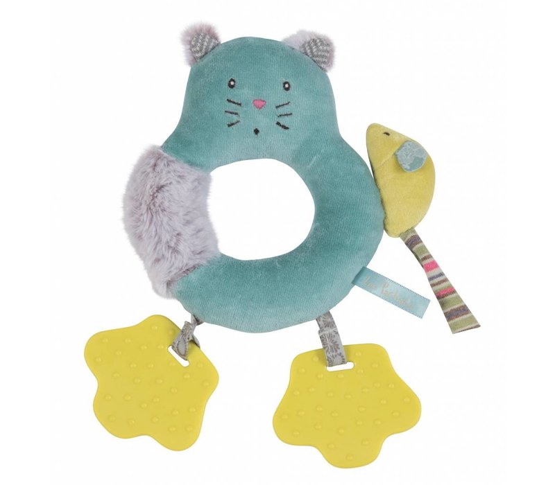 Moulin Roty 'Les Pachats' Blauwe Ring-Rammelaar Kat Met Bijtplaatjes