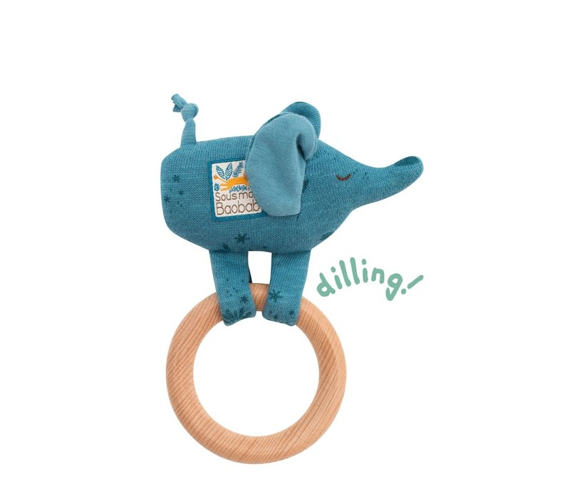 Moulin Roty Wooden Ring Rattle Elephant 'Sous mon Baobab'
