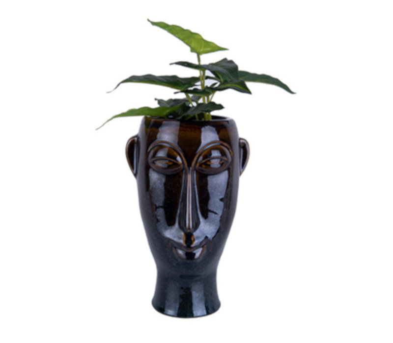 Present Time Plantenpot Mask Porselein Donkerbruin 27 cm