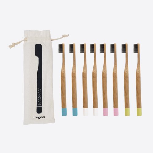 Cookut Bam Bam Set of 8 Tooth Brush from Bamboo 2 x pink, 2 x white, 2 x blue and 2 x green 