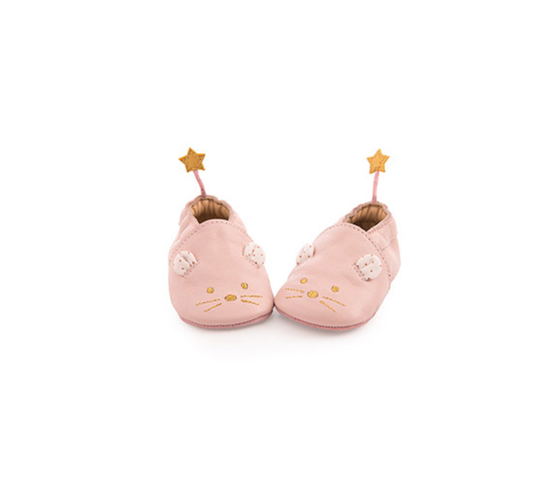 Moulin Roty Leather Pink Slippers 'Il Était une Fois' 0/6 months