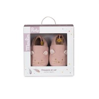 Moulin Roty Leather Pink Slippers 'Il Était une Fois' 0/6 months