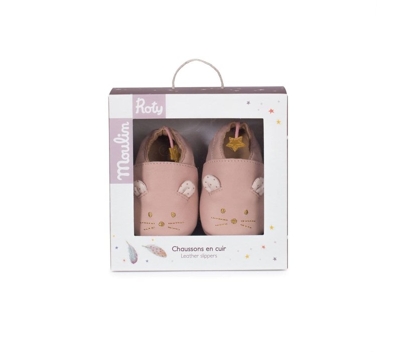 Moulin Roty Leather Pink Slippers 'Il Était une Fois' 0/6 months
