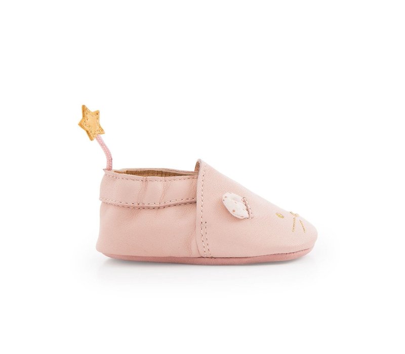 Moulin Roty Leather Pink Slippers 'Il Était une Fois' 0/6 months