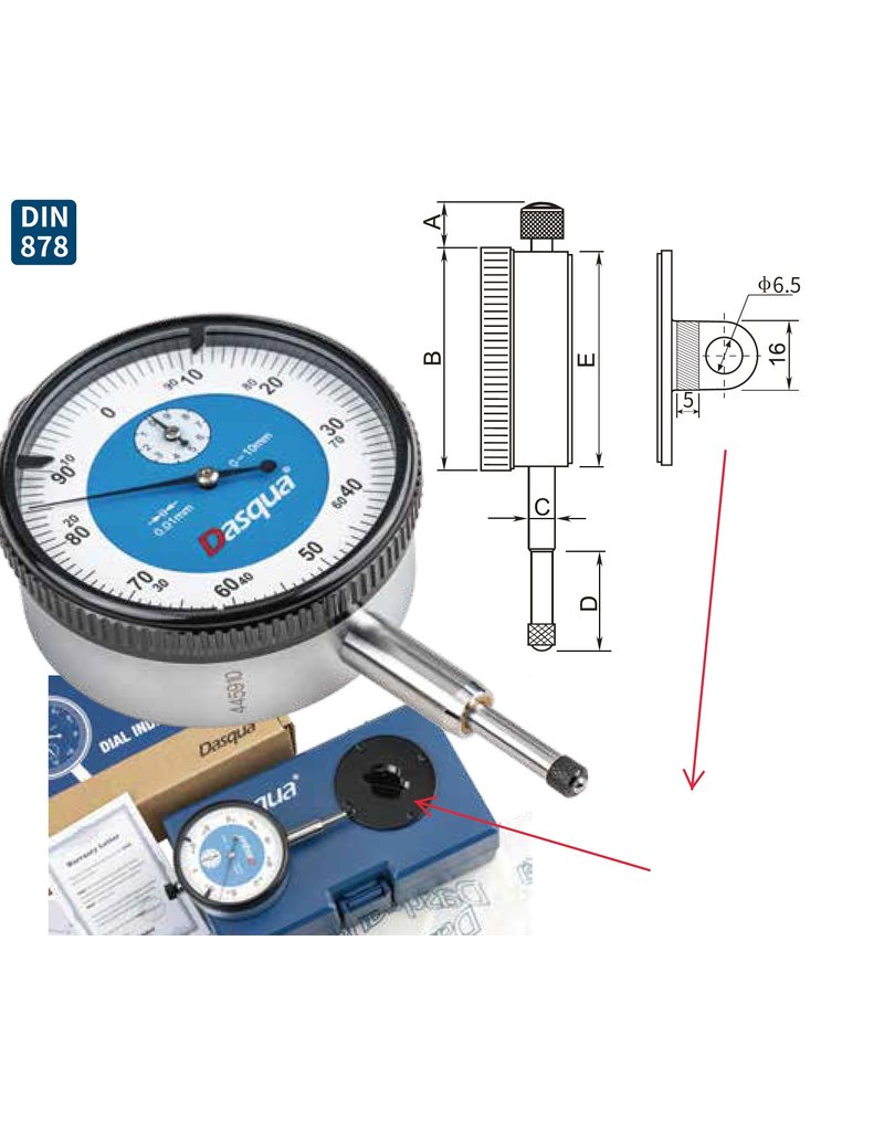 Dasqua Slagvaste analoge meetklok 0-10mm x0,01mm met montageplaat