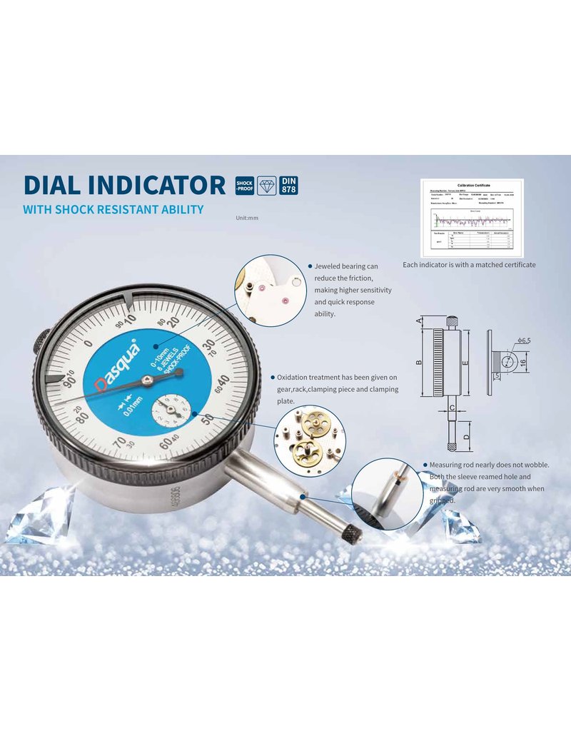 Dasqua Slagvaste analoge meetklok 0-10mm x0,01mm met montageplaat