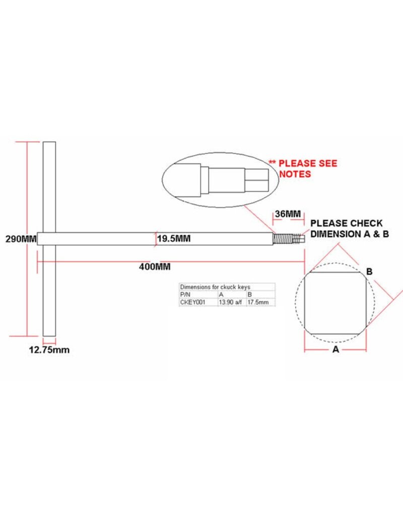 Extended Chuck Key 13.90mm - 400mm (RLX 425)