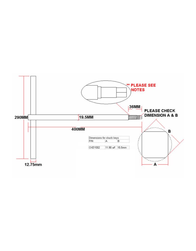 Extended Chuck Key 11.90 A/F 400mm RLX355