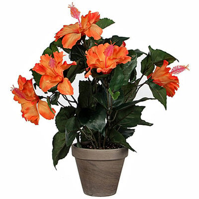 Kunstplant Hibiscus Oranje - H 40cm - Keramiek sierpot - Mica Decorations