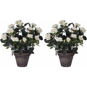 2 stuks - Kunstplant Rozenstruik Wit - H 33cm - Keramiek sierpot - Mica Decorations