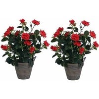2 Stück - Pflanze Rosebush Rot - H 33cm - Keramiktopf - Mica Decorations