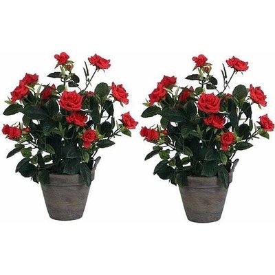 2 stuks - Kunstplant Rozenstruik Rood - H 33cm - Keramiek sierpot - Mica Decorations