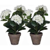 2 stuks - Kunstplant Hortensia Wit - H 40cm - Keramiek sierpot - Mica Decorations