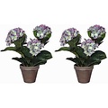 2 stuks - Kunstplant Hortensia Blauw - H 40cm - Keramiek sierpot - Mica Decorations