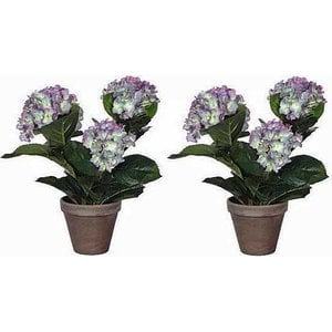 2 stuks - Kunstplant Hortensia Blauw - H 40cm - Keramiek sierpot - Mica Decorations