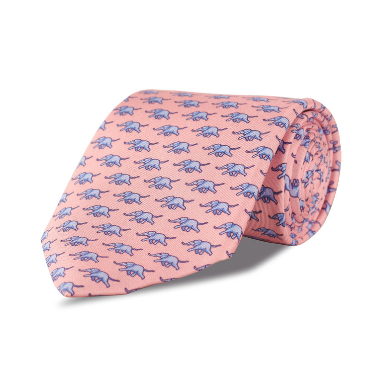 Silk Tie, Elephant - Pink and Blue