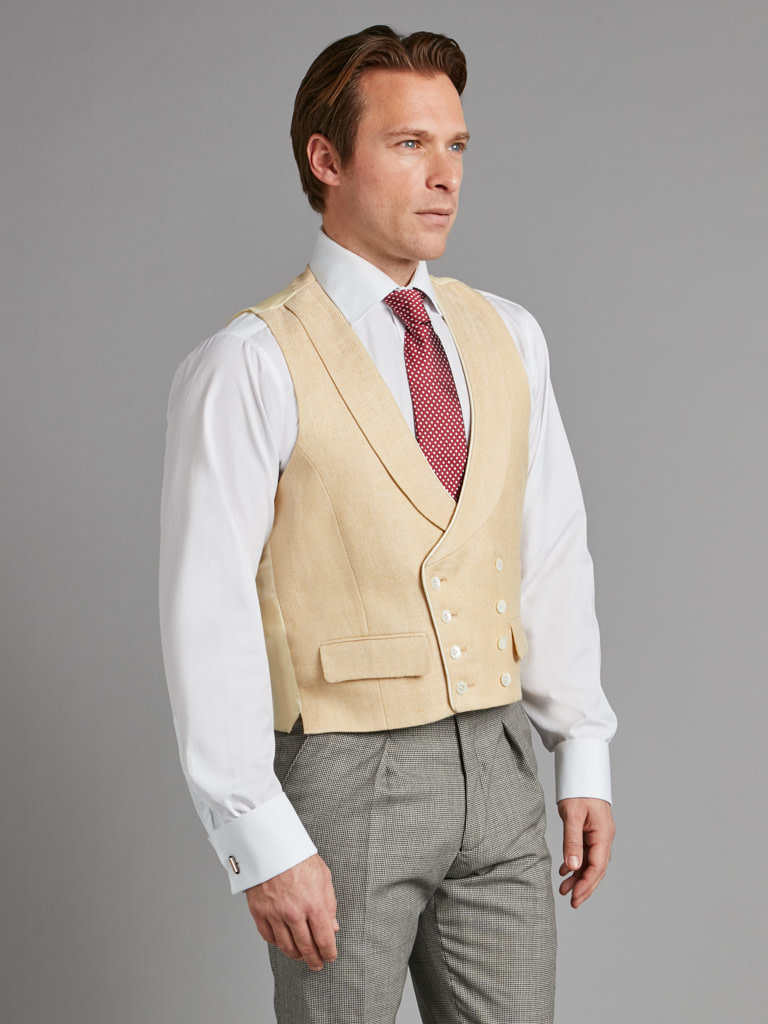 Double Breasted Silk Waistcoat with Piping - Gold Herringbone