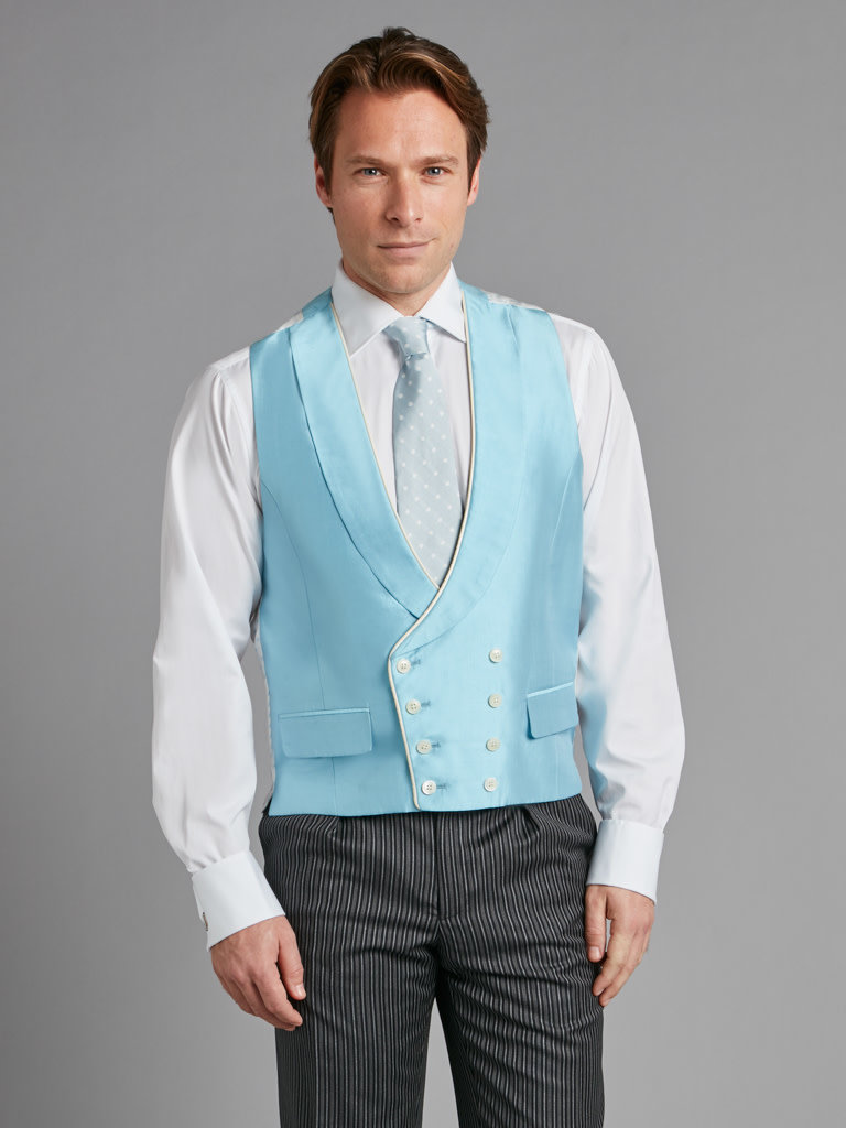 Double Breasted Silk Waistcoat with Piping - Blue