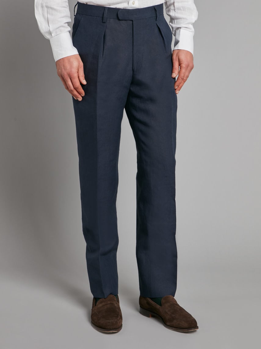 Pleated Linen Trousers - Navy - Oliver 