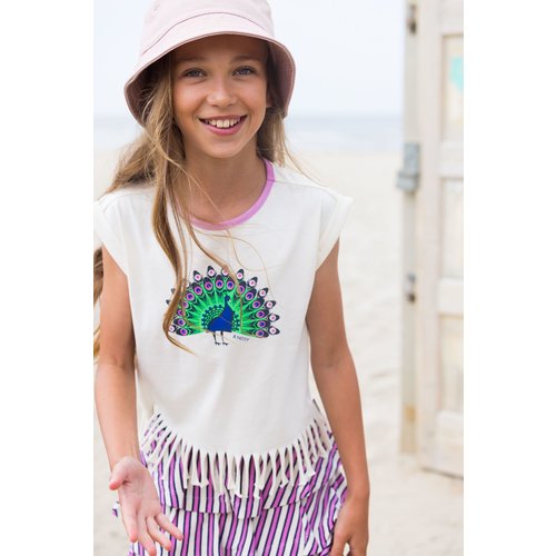 B.Nosy B.Nosy meisjes t-shirt met pauw print en fraanjes Cotton