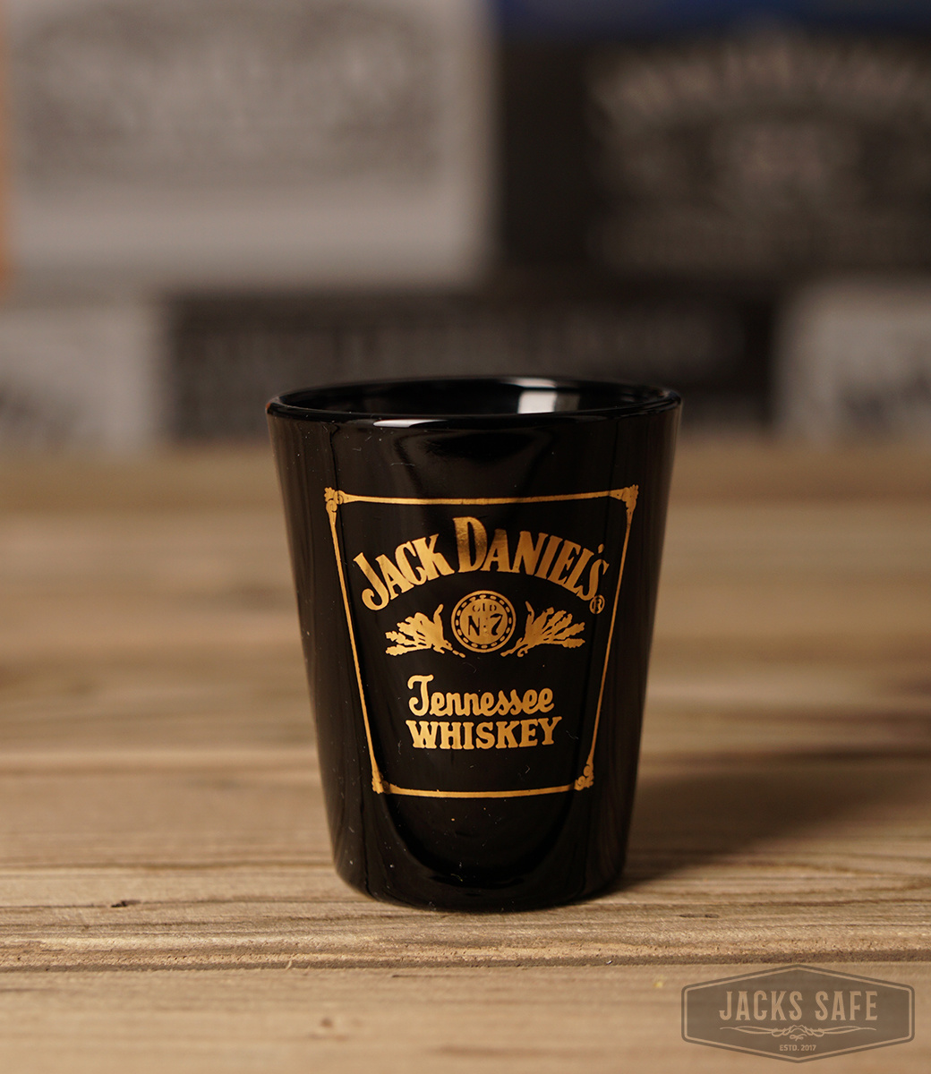 JACK DANIEL'S - Shot glass - Black Ceramic with gold print - Broken Wheel - 90's - USA