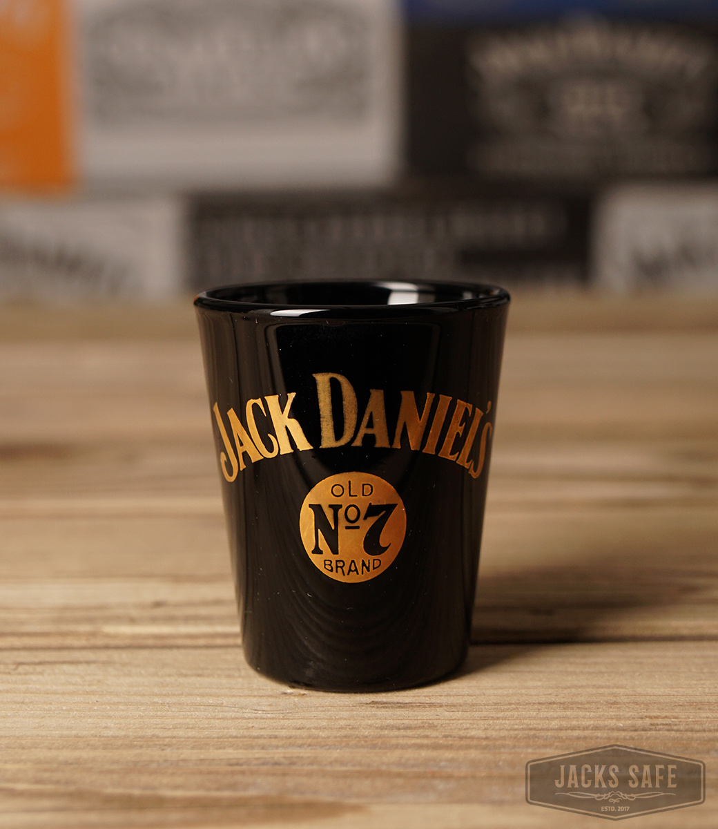 JACK DANIEL'S - Shot glass - Black Ceramic with gold print - Old nr 7 Round logo - 90's