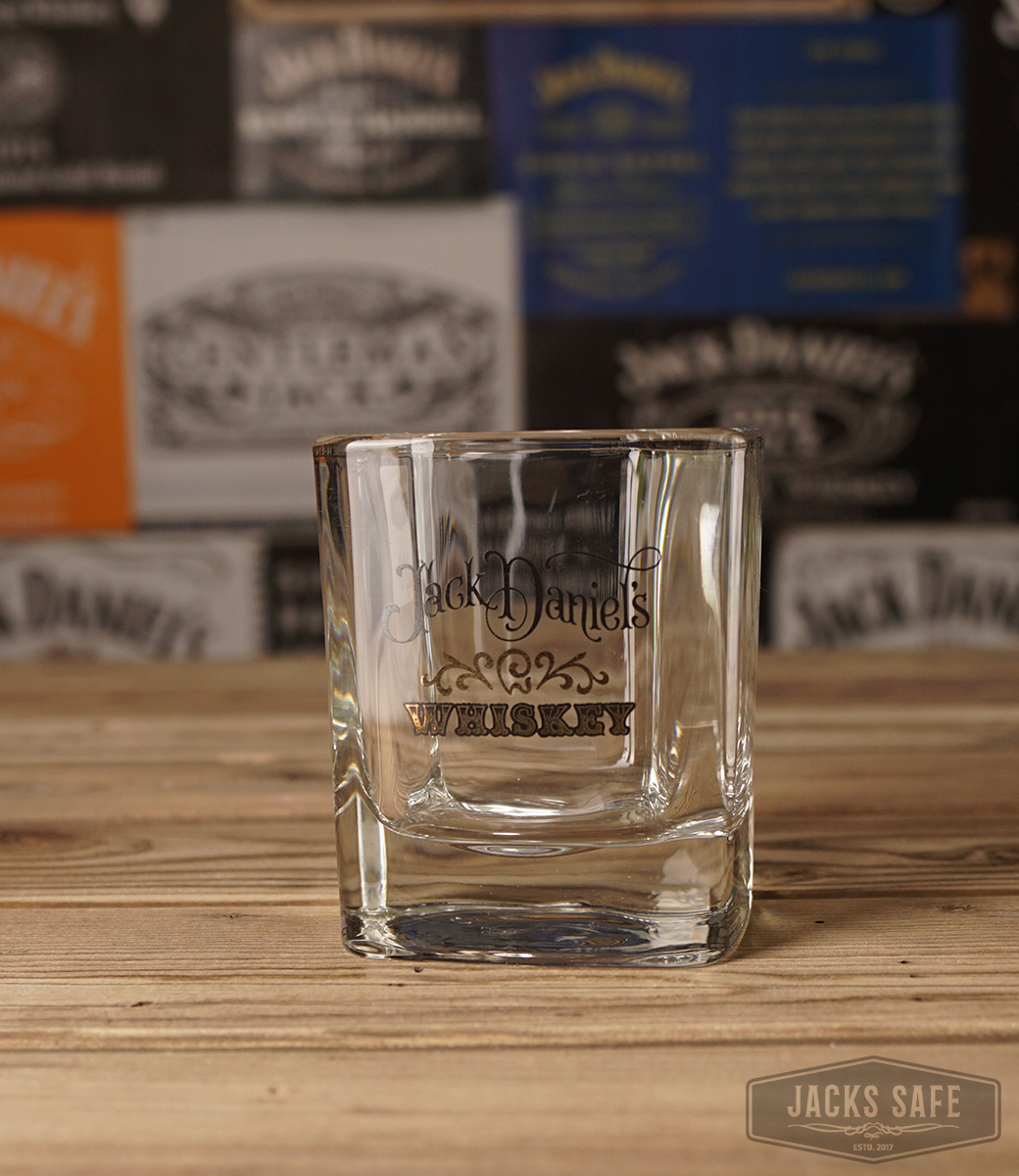 JACK DANIEL'S  - Rocks Glass - Belle of Lincoln Font - Black & Gold Print - Square - WHISKY BLACK PRINT