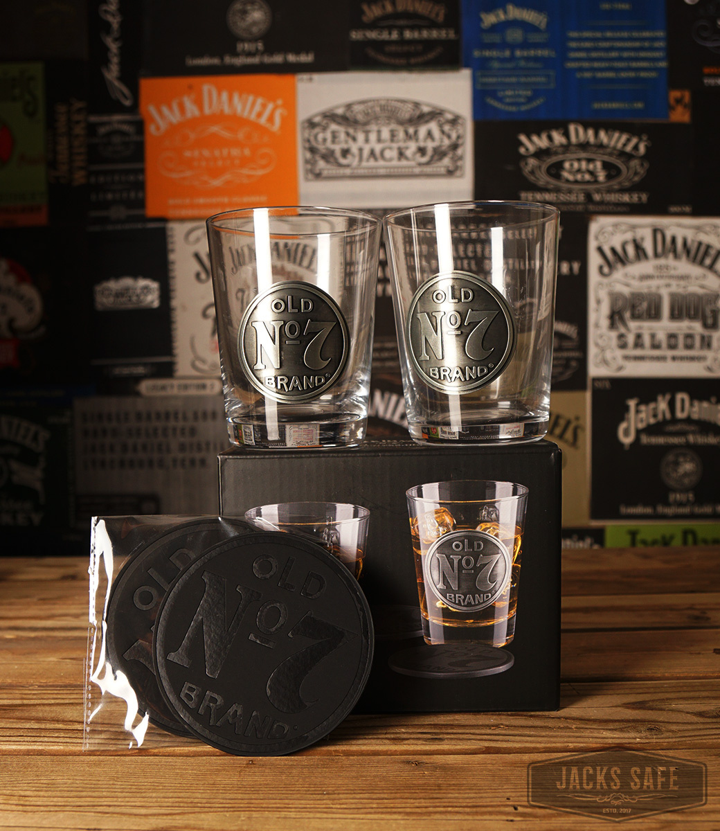 JACK DANIEL'S - OLD NR 7 DOUBLE OLD FASHIONED SET - 2 GLASSES - 2 COASTERS - GREAT QUALITY - NEW