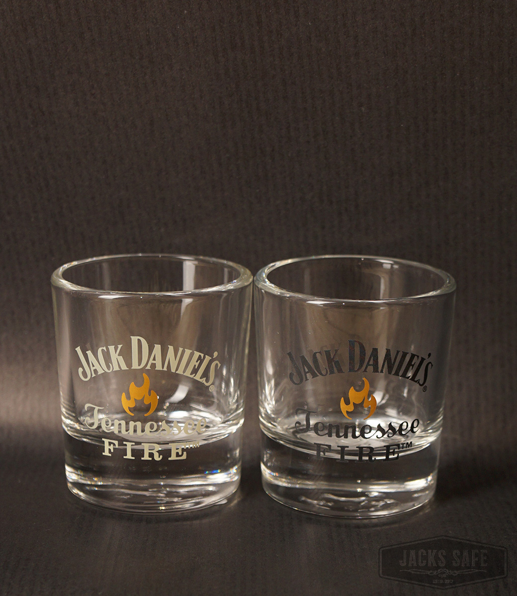 JACK DANIEL'S  - SHOT GLASS FIRE - 40ML - NEW - ROUND - USA - FLAME IN BOTTOM - 2 DIFFERENT ONES