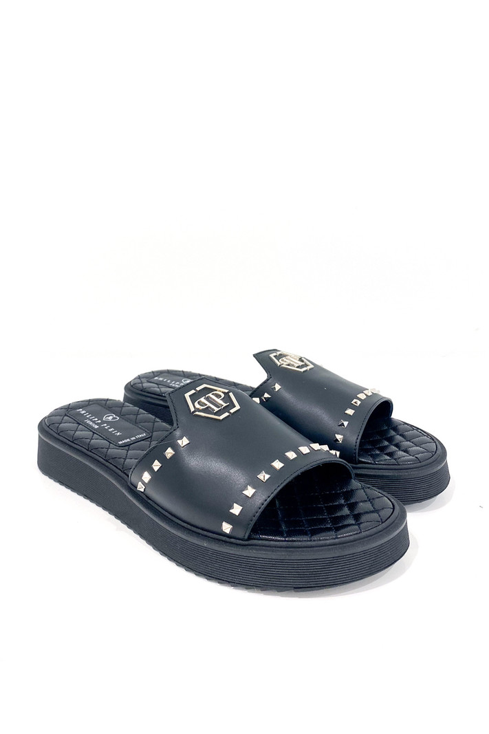 PHILIPP PLEIN PP sandaal leer met PP logo en zilveren studs Zwart