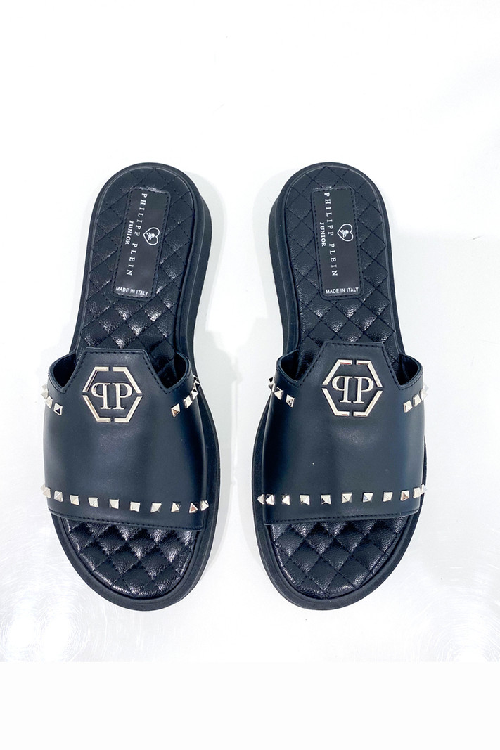 PHILIPP PLEIN PP sandaal leer met PP logo en zilveren studs Zwart